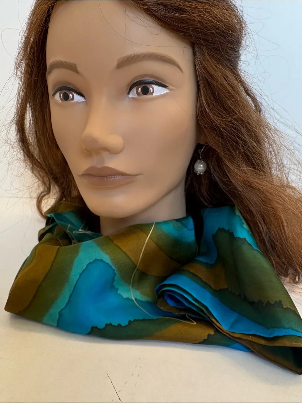 Vintage Luciano Micallef Silk Scarf Hand Painted Blue Green Flower Art Panel 54x